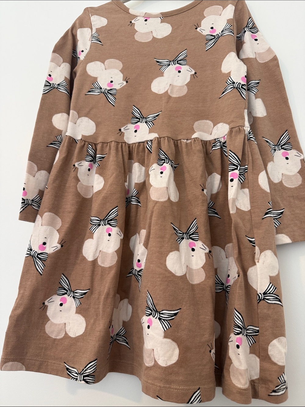 H&M Brown Mouse Print Long-Sleeve Dress with Pink Accents